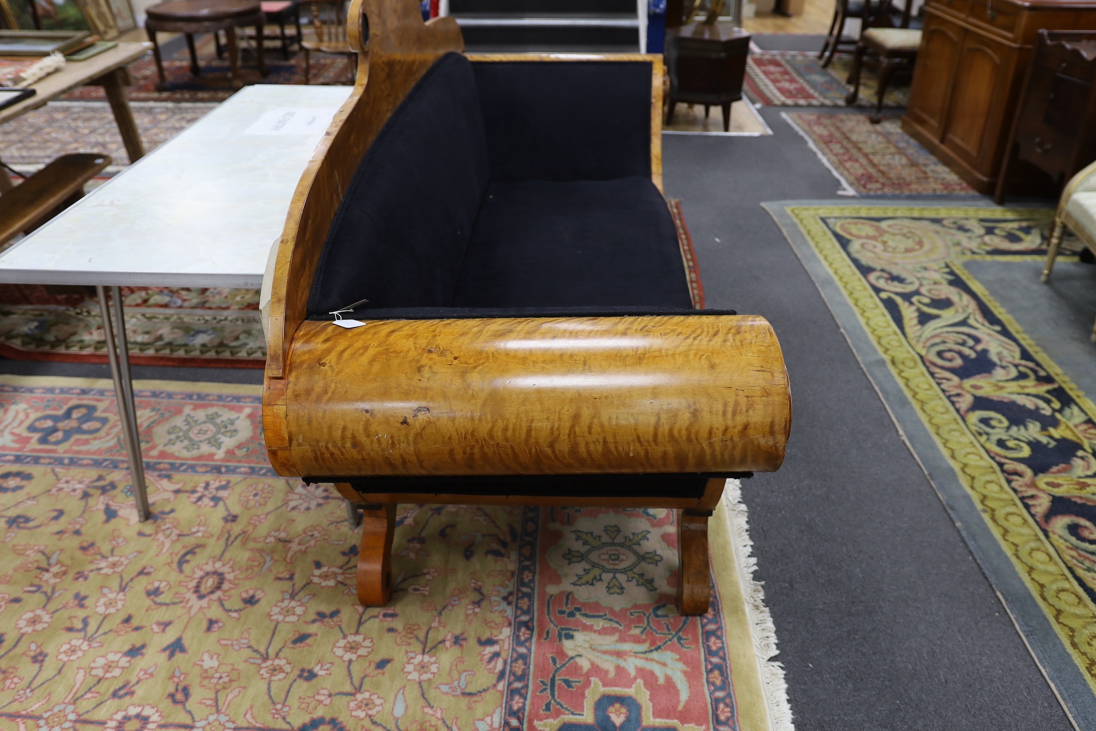 A Biedermier style birch settee, length 240cm, depth 76cm, height 120cm